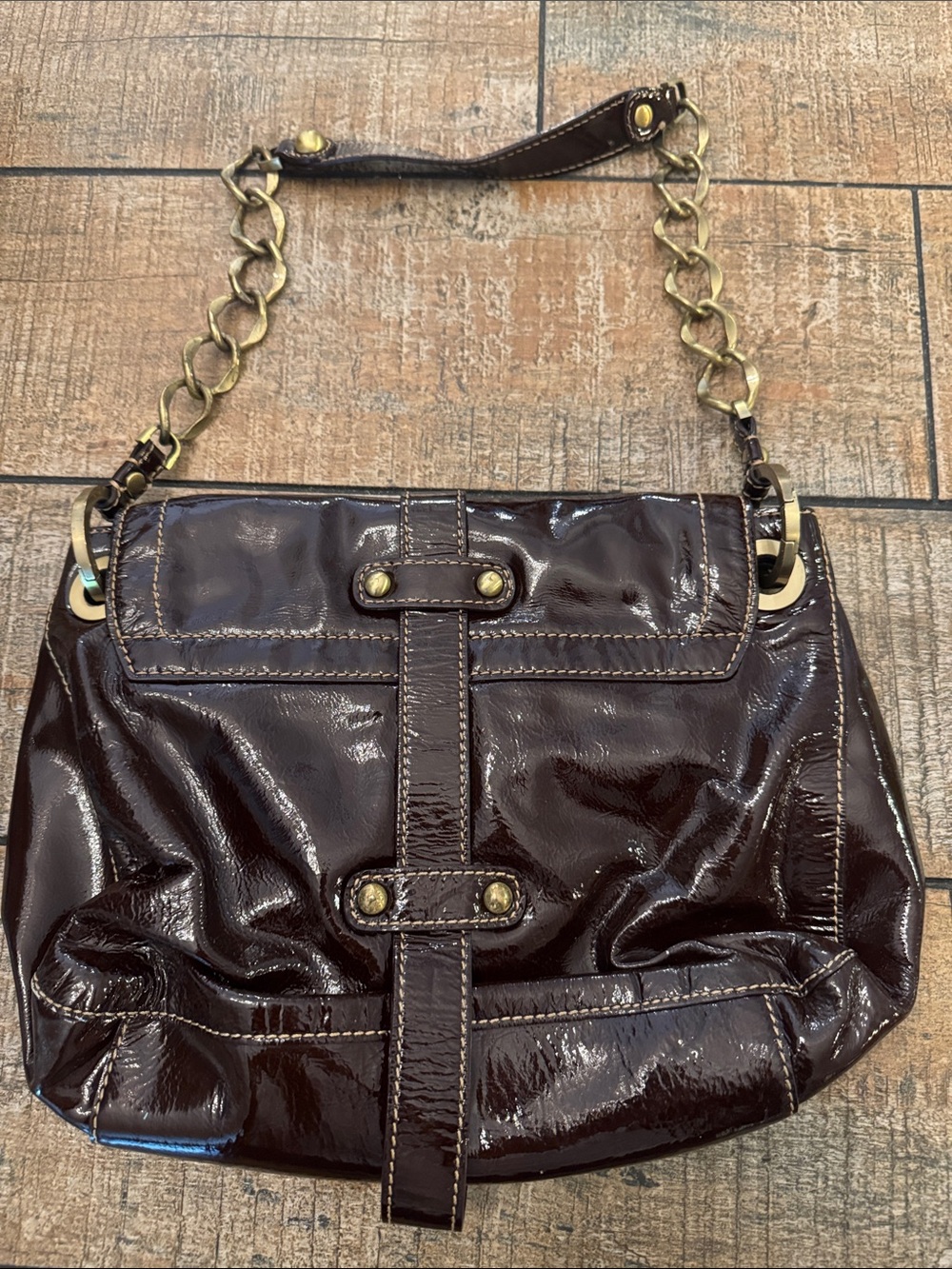 Rafe Dark Brown Patent Shoulder Bag with Gold Hardware - Picture 2 of 7